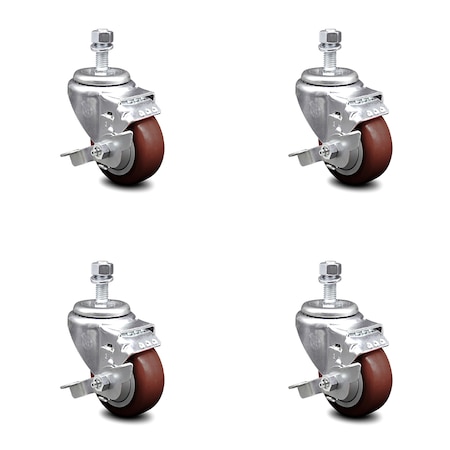 Service Caster 3 Inch Maroon Polyurethane Swivel 1/2 Inch Threaded Stem Caster Set with Brake SCC SCC-TS20S314-PPUB-MRN-TLB-121315-4